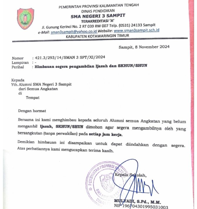 Dukung Kebijakan Gubernur H Agustiar Sabran, SMAN 3 Sampit Tegaskan Tidak Menahan Ijazah, Siswa Diimbau Segera Mengambil