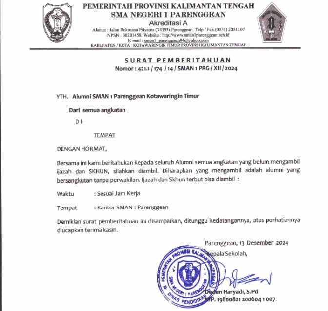  Sesuai Arahan Gubernur H. Agustiar Sabran, SMAN 1 Parenggean Imbau Alumni Segera Mengambil Ijazah dan SKHUN