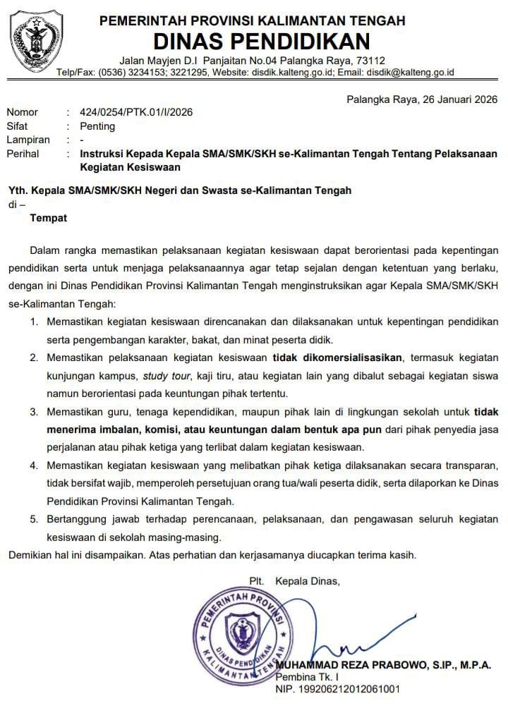 ‎Disdik Kalteng Tegaskan Kegiatan Kesiswaan Bebas Komersialisasi