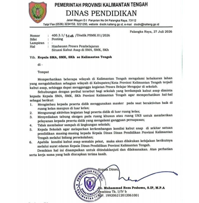 ‎Disdik Kalteng Terbitkan Surat Edaran, Sekolah Diimbau Perketat Antisipasi Dampak Kabut Asap